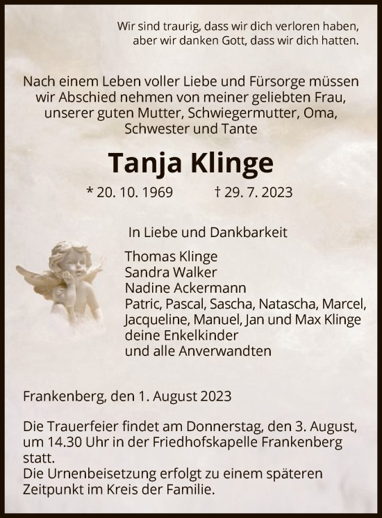 Todesanzeige von Tanja Klinge von HNA