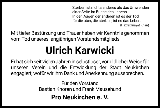 Todesanzeige von Ulrich Karwicki von HNA