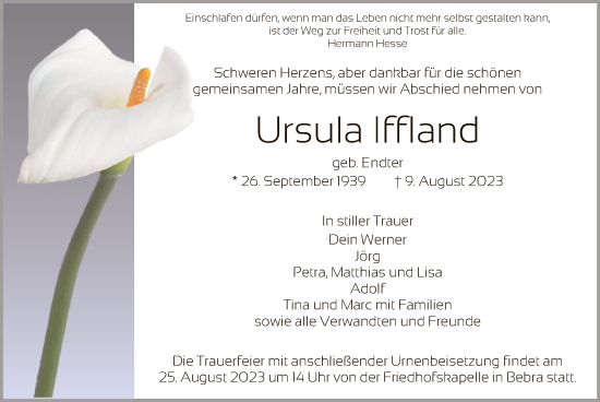 Todesanzeige von Ursula Iffland von HNA