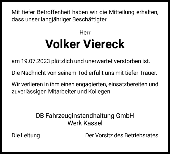 Todesanzeige von Volker Viereck von HNA