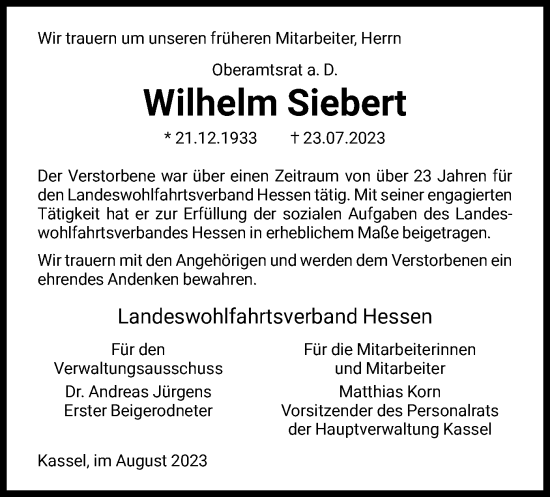 Todesanzeige von Wilhelm Siebert von HNA