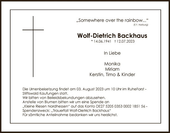Todesanzeige von Wolf-Dietrich Backhaus von HNA