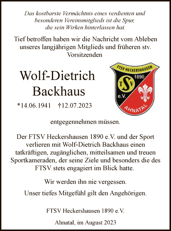 Todesanzeige von Wolf-Dietrich Backhaus von HNA