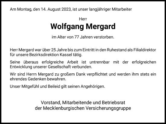 Todesanzeige von Wolfgang Mergard von HNA