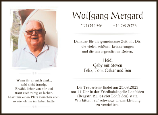 Todesanzeige von Wolfgang Mergard von HNA