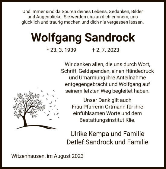 Todesanzeige von Wolfgang Sandrock von HNA