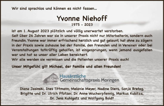 Todesanzeige von Yvonne Niehoff von HNA