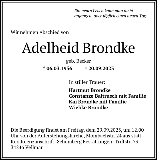 Todesanzeige von Adelheid Brondke von HNA