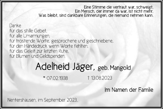 Todesanzeige von Adelheid Jäger von HNA