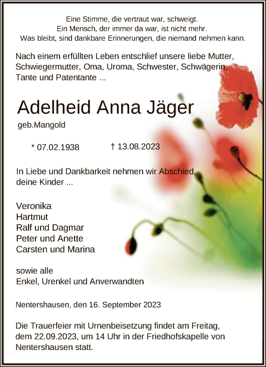 Todesanzeige von Adelheid Anna Jäger von HNA