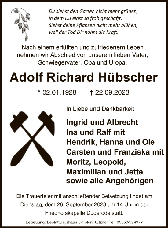 Todesanzeige von Adolf Richard Hübscher von HNA