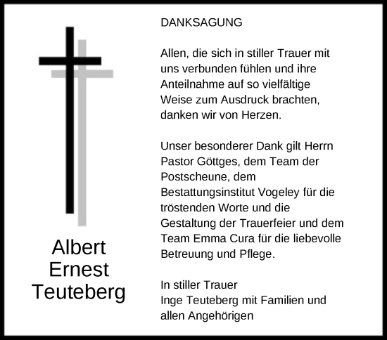 Todesanzeige von Albert Ernest Teuteberg von HNA