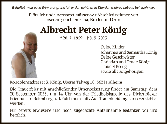 Todesanzeige von Albrecht Peter König von HNA