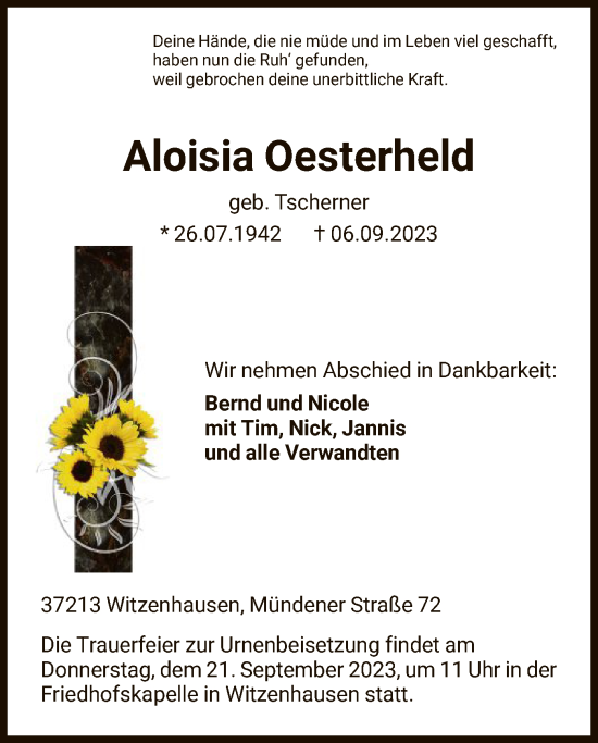 Todesanzeige von Aloisia Oesterheld von HNA