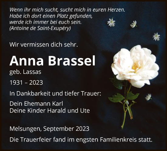 Todesanzeige von Anna Brassel von HNA