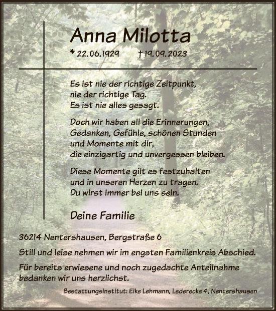 Todesanzeige von Anna Milotta von HNA