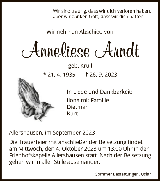 Todesanzeige von Anneliese Arndt von HNA
