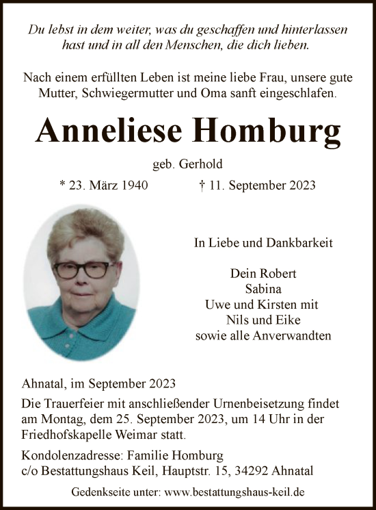 Todesanzeige von Anneliese Homburg von HNA