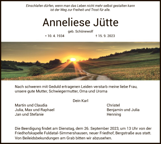 Todesanzeige von Anneliese Jütte von HNA