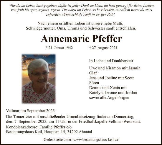 Todesanzeige von Annemarie Pfeffer von HNA