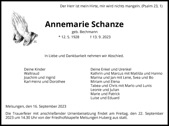 Todesanzeige von Annemarie Schanze von HNA