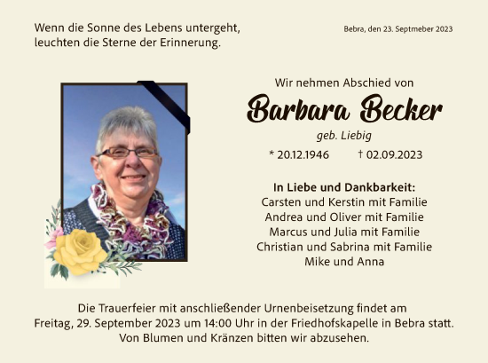 Todesanzeige von Barbara Becker von HNA