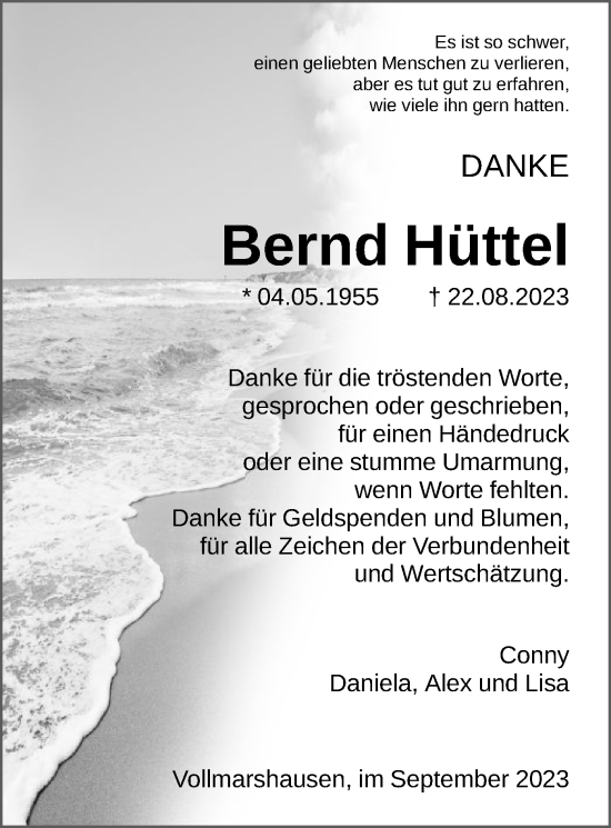 Todesanzeige von Bernd Hüttel von HNA