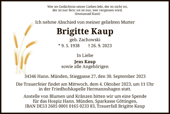 Todesanzeige von Brigitte Kaup von HNA