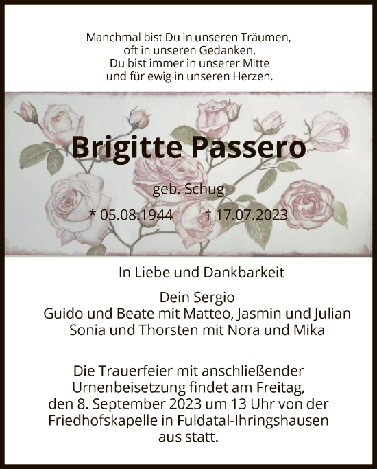 Todesanzeige von Brigitte Passero von HNA