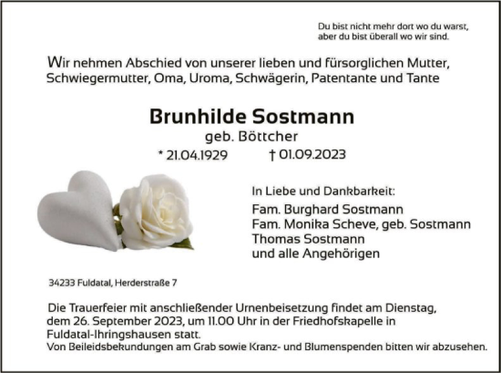 Todesanzeige von Brunhilde Sostmann von HNA