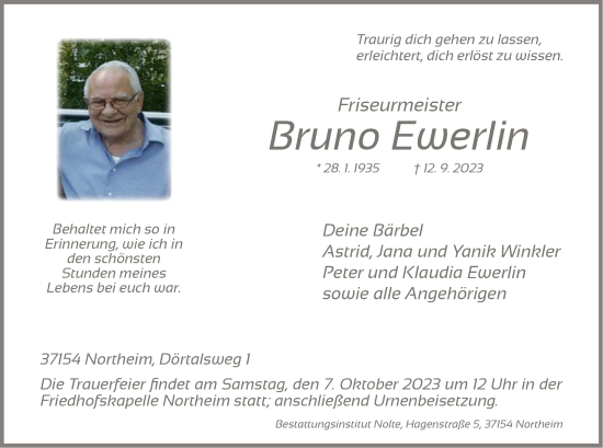 Todesanzeige von Bruno Ewerlin von HNA