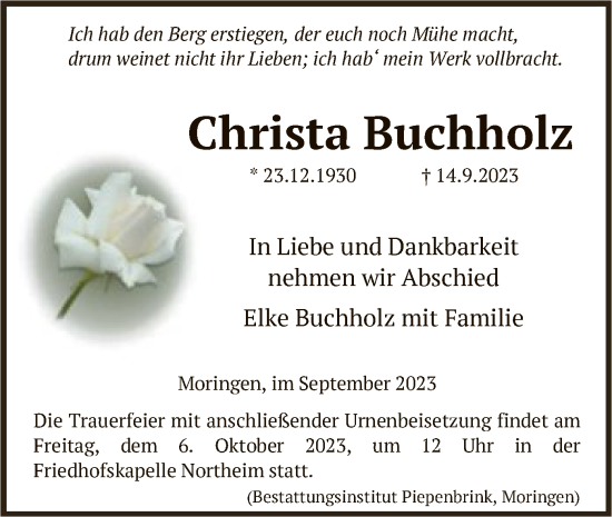 Todesanzeige von Christa Buchholz von HNA