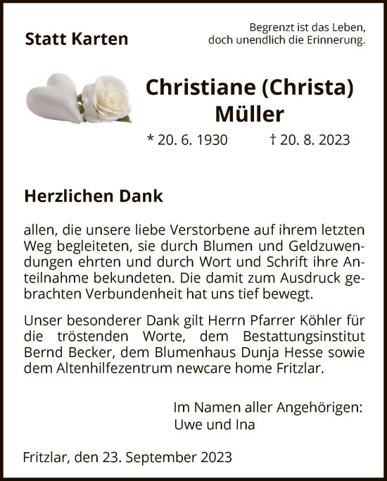 Todesanzeige von Christiane Müller von HNA