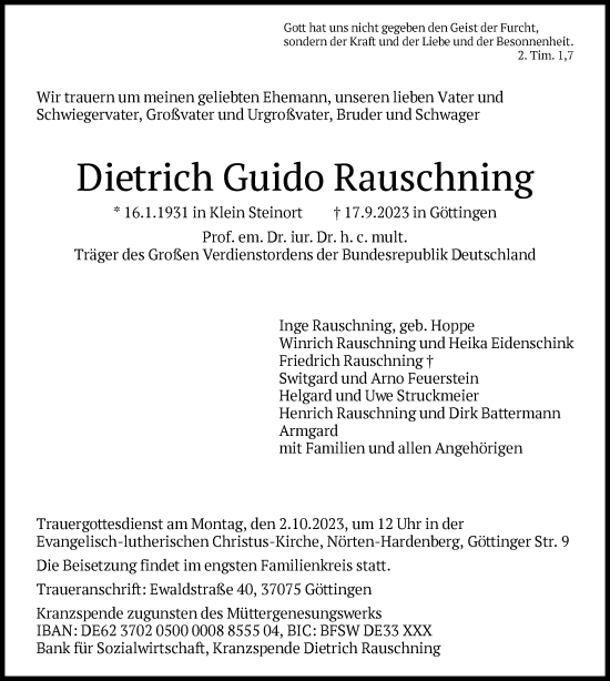 Todesanzeige von Dietrich Guido Rauschning von HNA