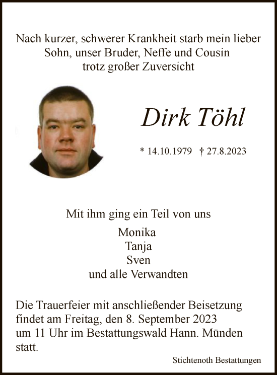 Todesanzeige von Dirk Töhl von HNA