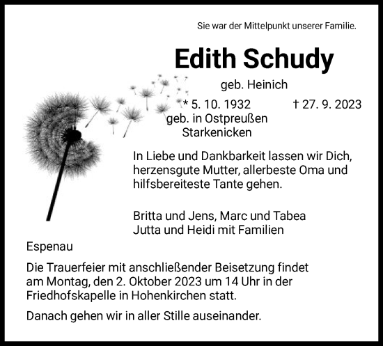 Todesanzeige von Edith Schudy von HNA
