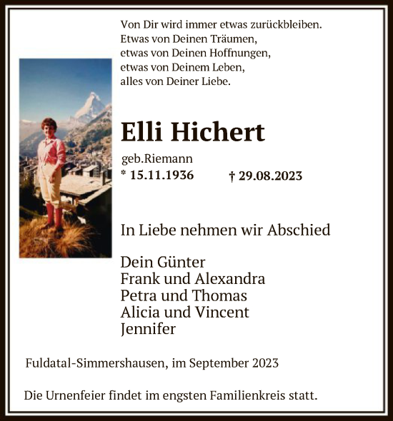 Todesanzeige von Elli Hichert von HNA