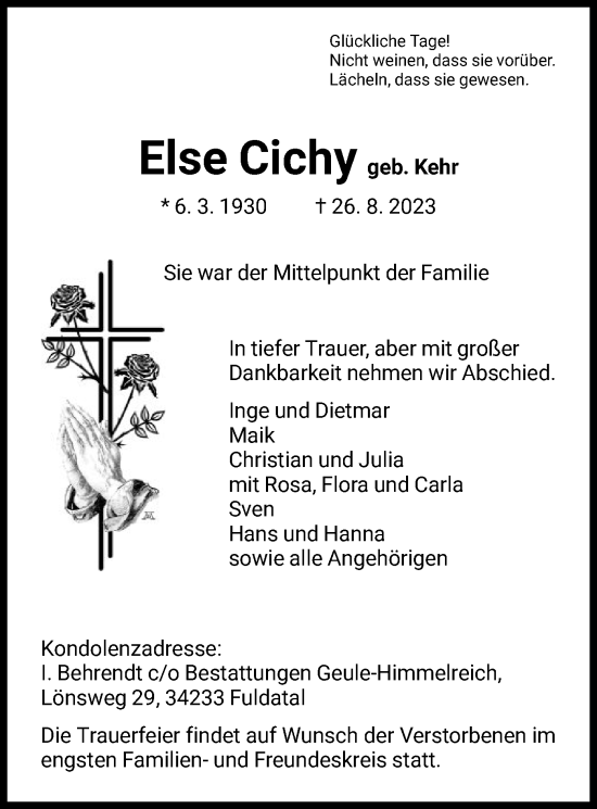 Todesanzeige von Else Cichy von HNA