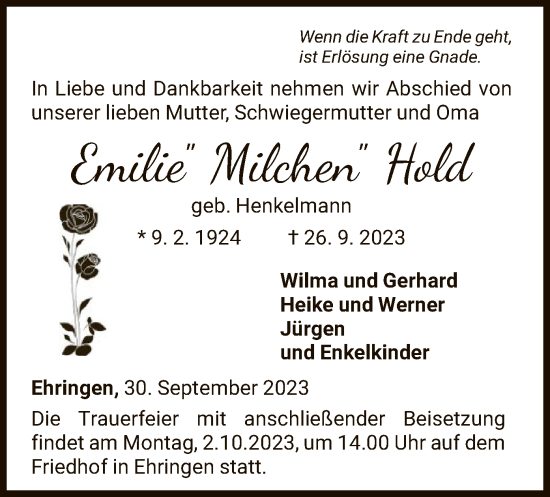 Todesanzeige von Emilie Hold von WLZHNA