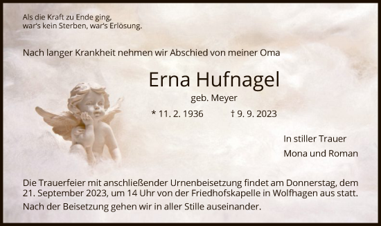 Todesanzeige von Erna Hufnagel von HNA