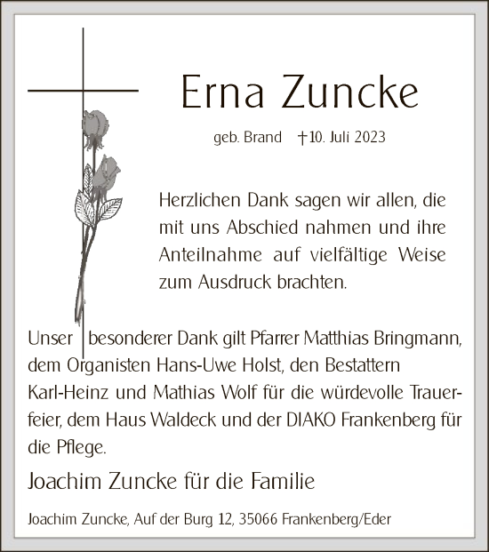 Todesanzeige von Erna Zuncke von HNA