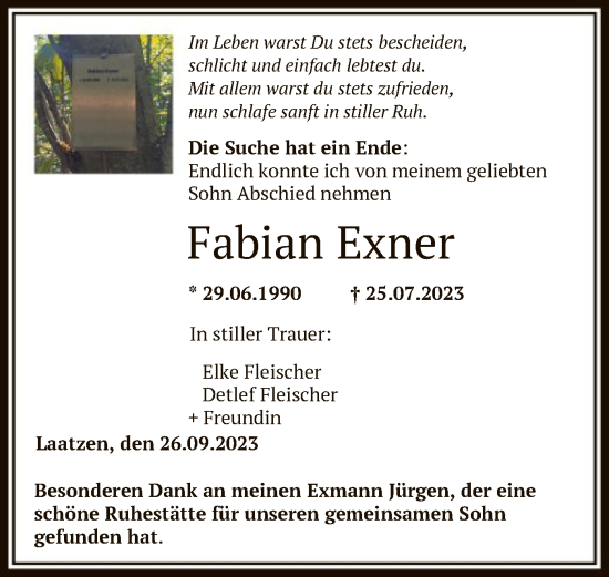 Todesanzeige von Fabian Exner von HNA