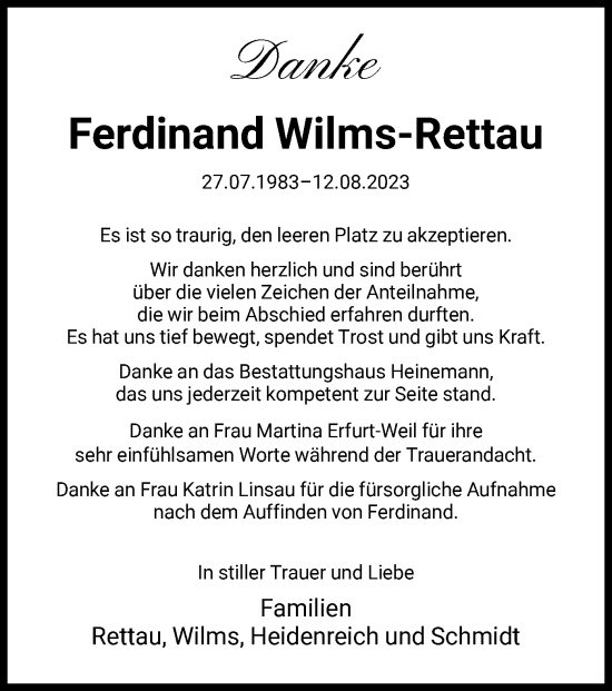 Todesanzeige von Ferdinand Wilms-Rettau von HNA