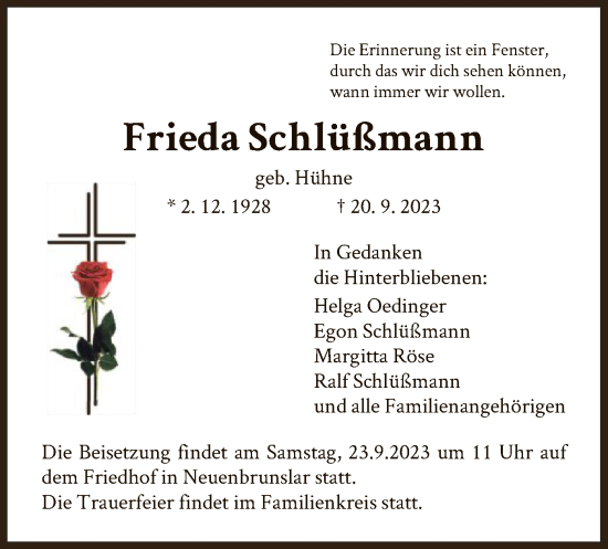 Todesanzeige von Frieda Schlüßmann von HNA