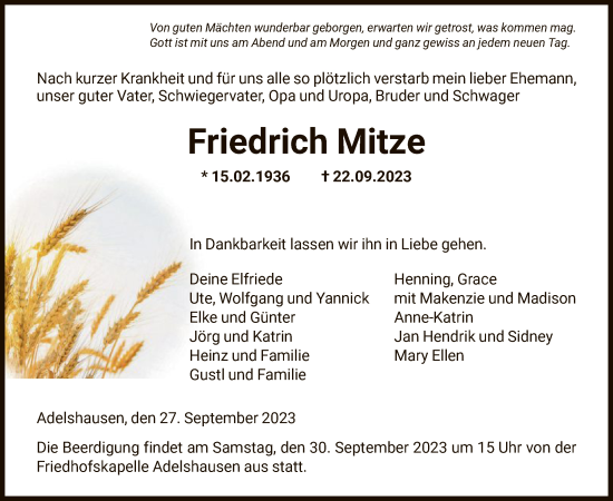 Todesanzeige von Friedrich Mitze von HNA