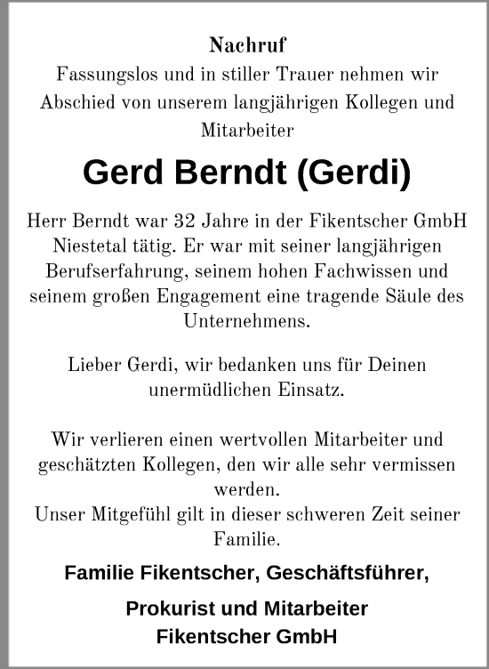 Todesanzeige von Gerd Berndt von HNA
