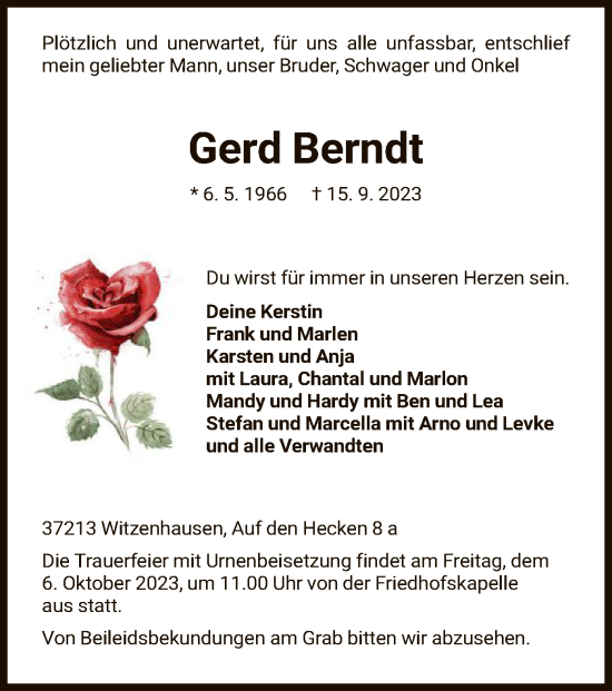 Todesanzeige von Gerd Berndt von HNA