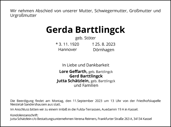 Todesanzeige von Gerda Barttlingck von HNA