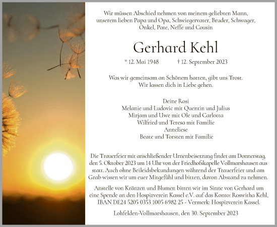Todesanzeige von Gerhard Kehl von HNA