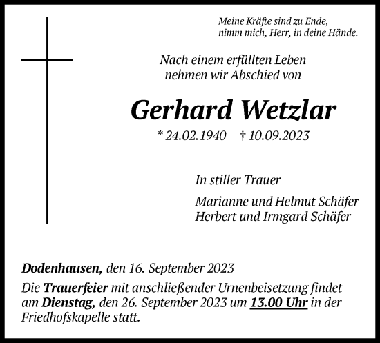 Todesanzeige von Gerhard Wetzlar von HNA
